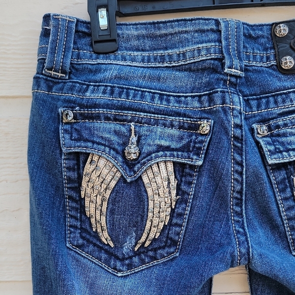 Miss Me Dark Blue Boot Cut Jeans Fallen Angel Wings Gems Rhinestones Embroidered - Picture 10 of 14